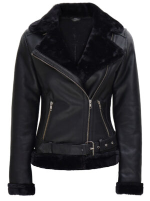 Agnes Womens Black Leather Shearling Jacket