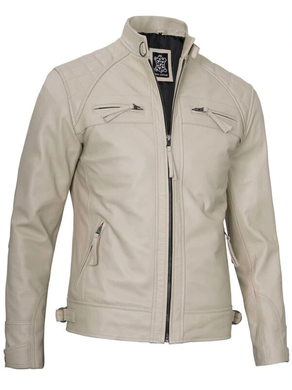 Johnson Mens Beige Quilted Cafe Racer Leather Jacket