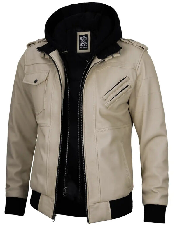 Edinburgh Mens Beige Leather Jacket With Hood