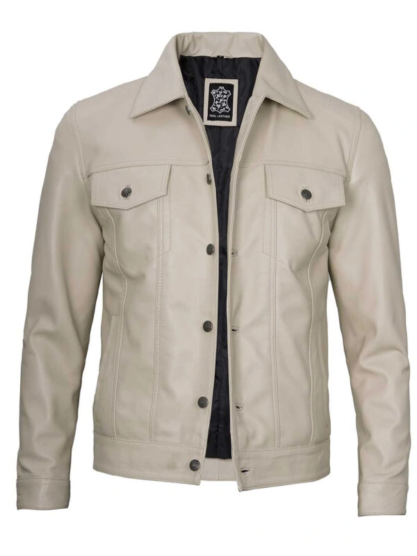 Fernando Men's Beige Real Leather Trucker Jacket