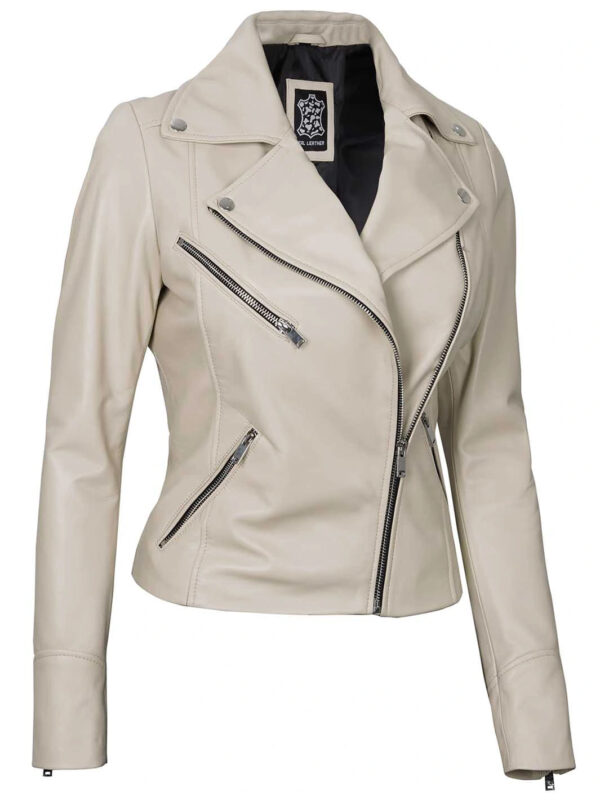 Ninfa Women's Beige Asymmetrical Biker Leather Jacket