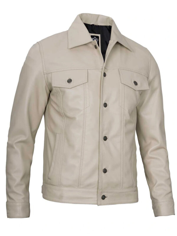 Fernando Men's Beige Real Leather Trucker Jacket