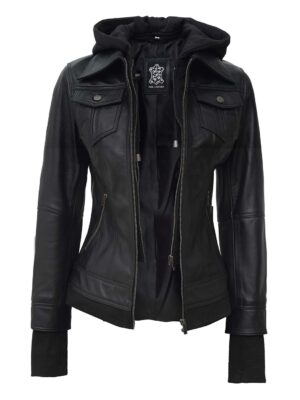 Tralee Petite Women's Black Motorcycle Leather Jacket with Hood