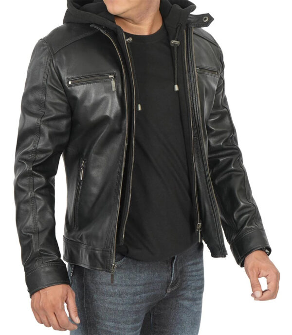 Merrill Men's Black Cafe Racer Hooded Leather Jacket