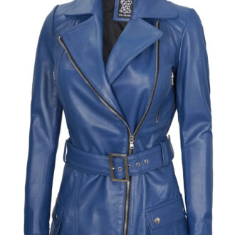 Blue Asymmetrical Biker Leather Jacket For Women