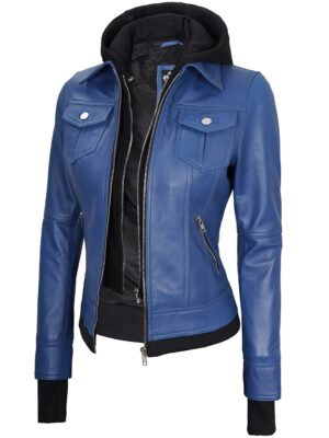 Betty Blue Leather Bomber Jacket With Removable Hood