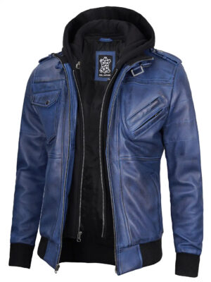 Edinburgh Mens Blue Wax Leather Jacket With Hood