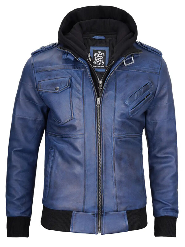 Edinburgh Mens Blue Wax Leather Jacket With Hood