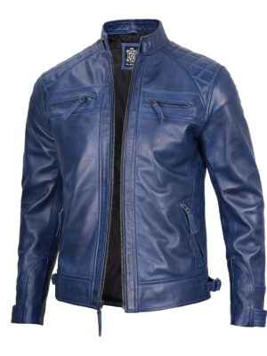 Diamond Blue Wax Cafe Racer Leather Jacket