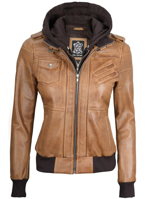 Edinburgh Camel Brown Hooded Leather Bomber Jacket