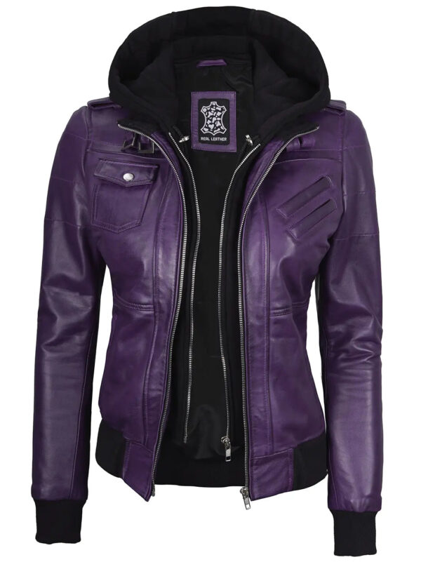 Edinburgh Purple Hooded Leather Bomber Jacket