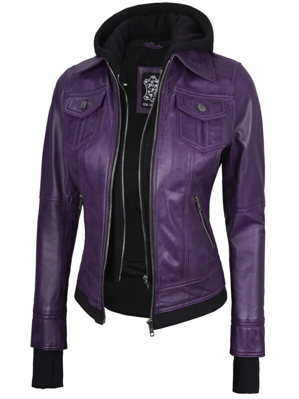 Betty Purple Leather Jacket With Removable Hood