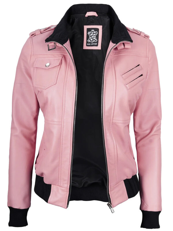 Edinburgh Pink Leather Bomber Jacket With Hood