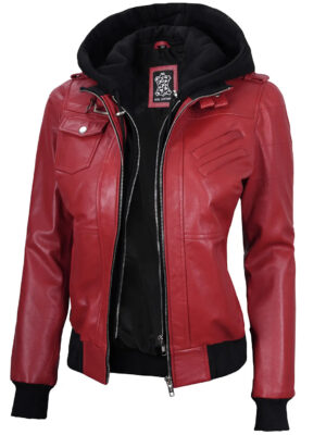 Edinburgh Red Leather Bomber Jacket With Hood