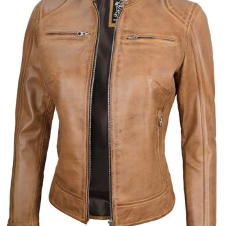 Dodge Camel Brown Cafe Racer Leather Jacket