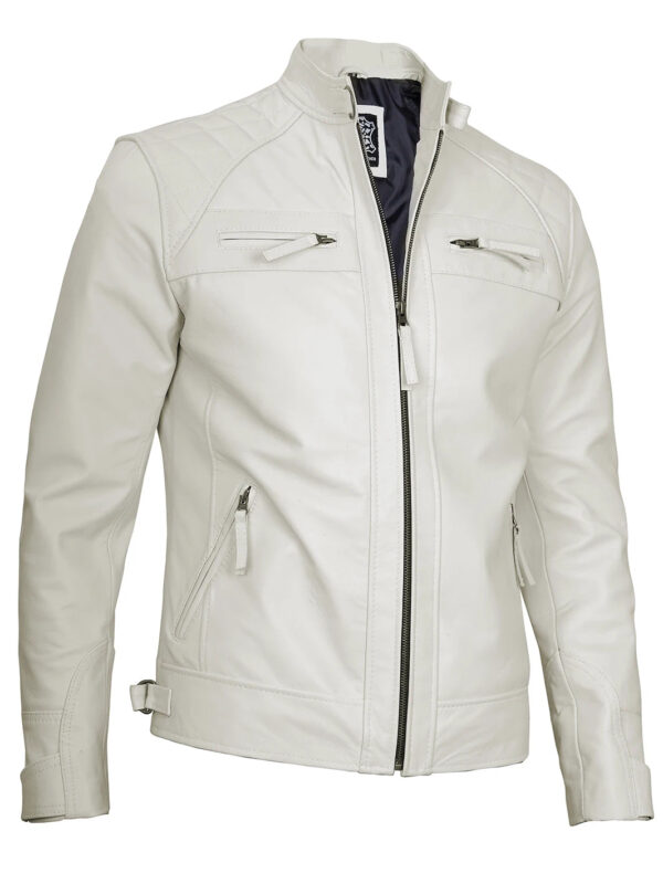 Johnson Mens Off White Quilted Cafe Racer Leather Jacket