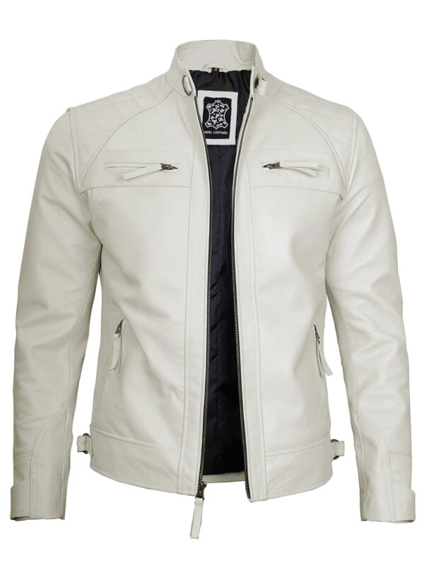 Johnson Mens Off White Quilted Cafe Racer Leather Jacket