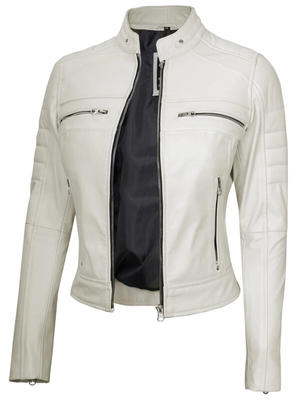 Austin Women Off White Cafe Racer Leather Jacket