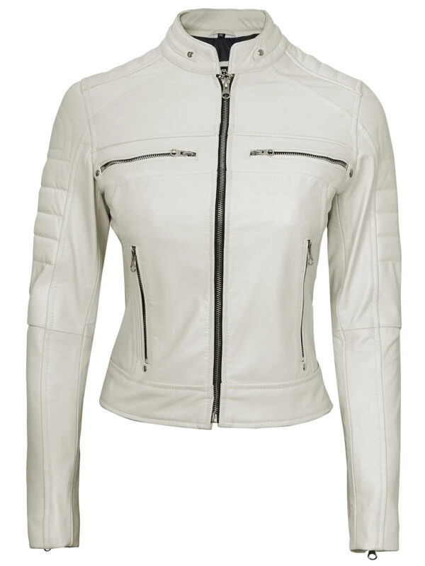 Austin Women Off White Cafe Racer Leather Jacket