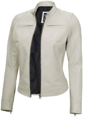 Dodge Women's Off White Cafe Racer Motorcycle Leather Jacket