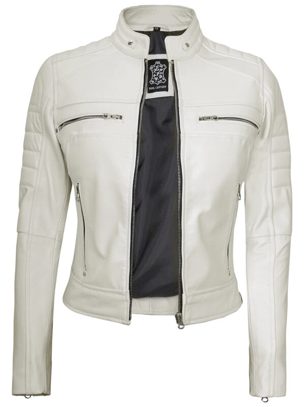 Austin Women Off White Cafe Racer Leather Jacket