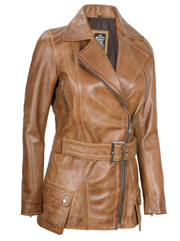 Camel Brown Asymmetrical Leather Jacket Women