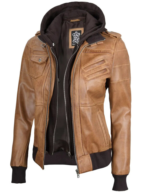 Edinburgh Camel Brown Hooded Leather Bomber Jacket