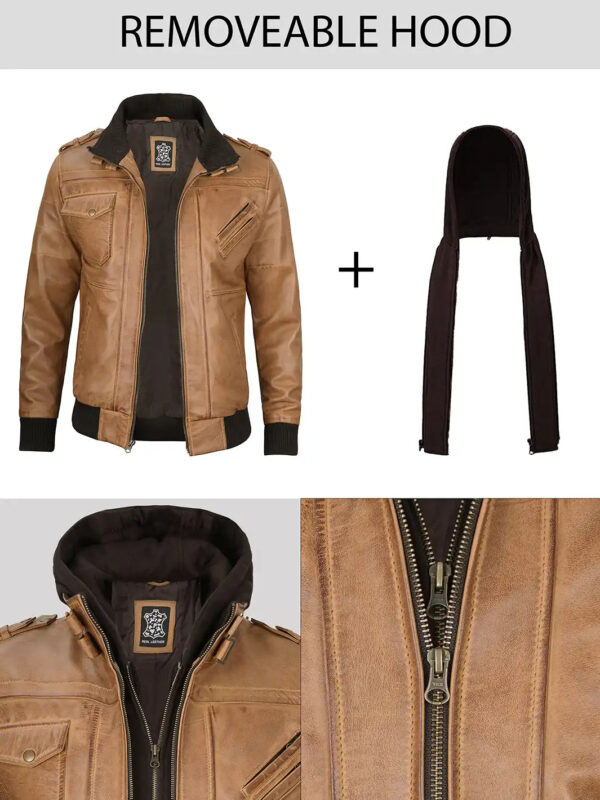 Edinburgh Mens Camel Brown Hooded Leather Jacket