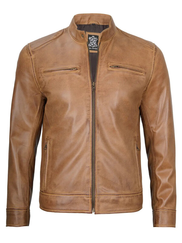 Dodge Camel Brown Cafe Racer Leather Biker Jacket