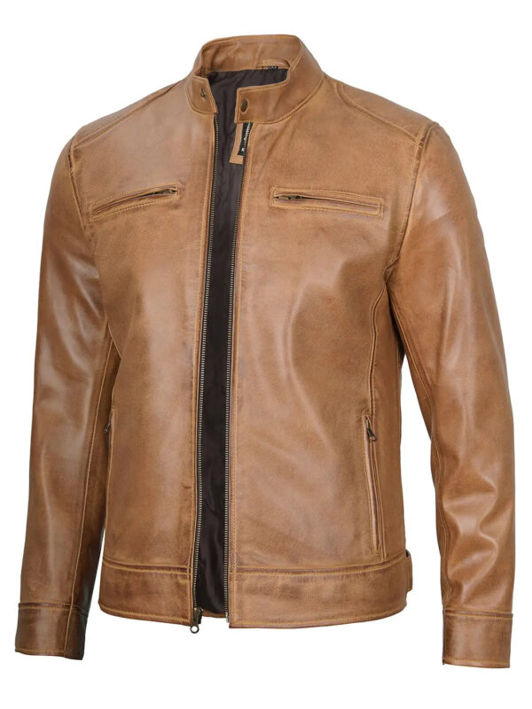 Dodge Camel Brown Cafe Racer Leather Biker Jacket