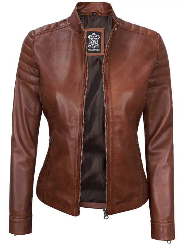 Carrie Women Cognac Brown Cafe Racer Leather Jacket