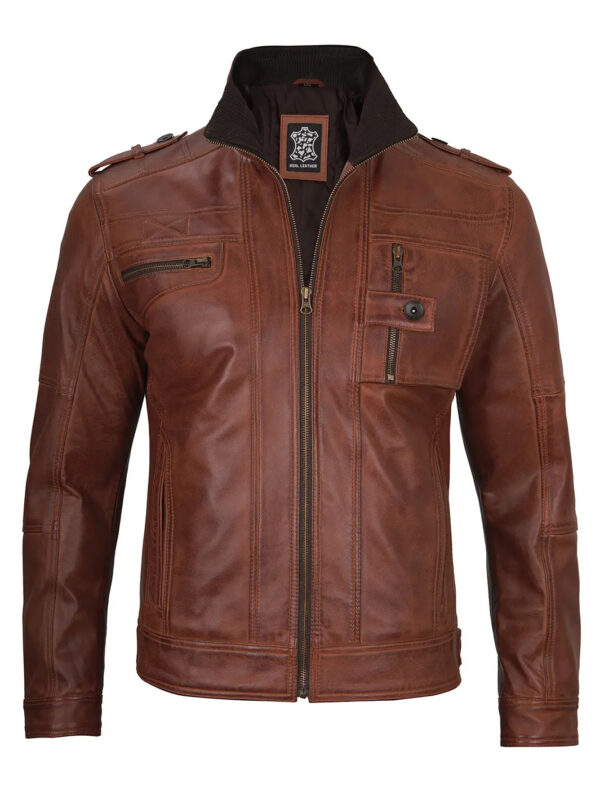 Tavares Cognac Brown Leather Biker Jacket