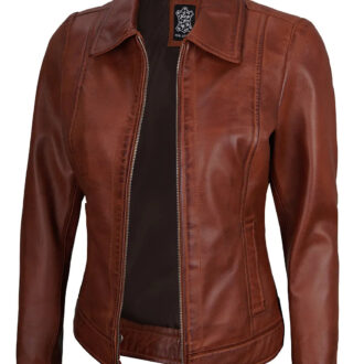 Jose Harrington Cognac Wax Women Leather Jacket