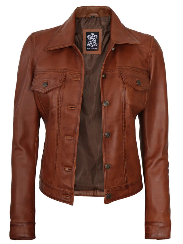 Fernando Women Cognac Brown Leather Trucker Jacket