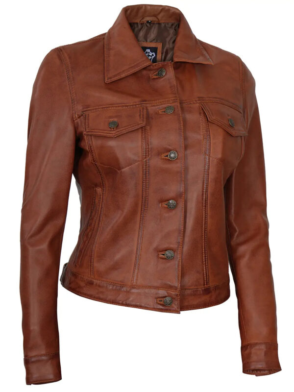 Fernando Women Cognac Brown Leather Trucker Jacket