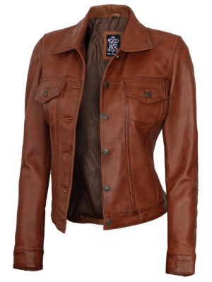 Fernando Women Cognac Brown Leather Trucker Jacket