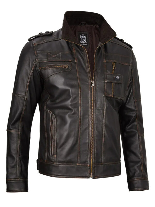 Tavares Dark Brown Rub Off Leather Biker Jacket