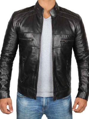 Austin Mens Tall Black Cafe Racer Leather Jacket