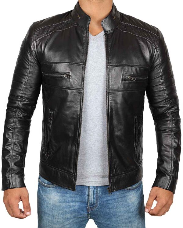 Austin Mens Tall Black Cafe Racer Leather Jacket