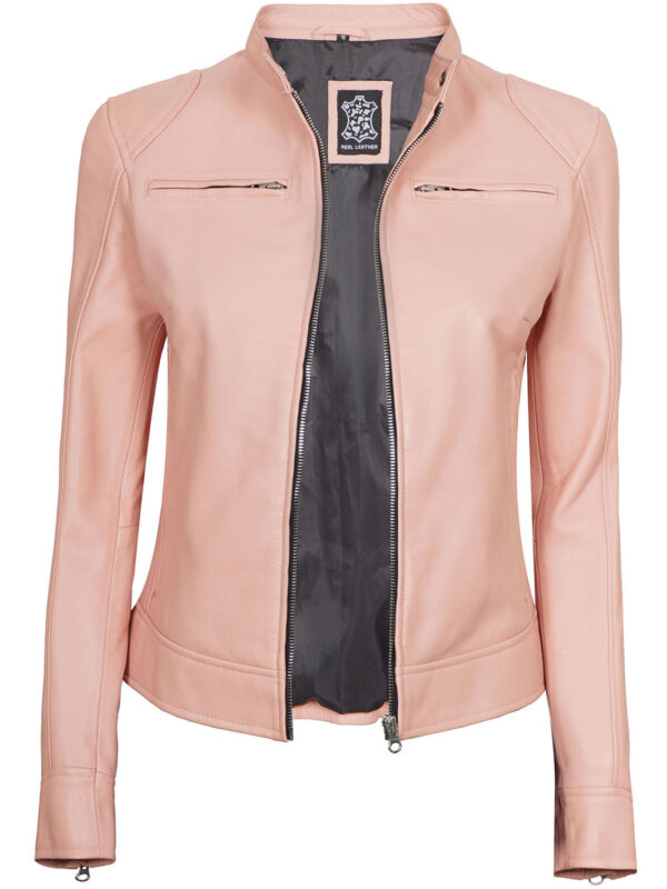 Dodge Women Light Pink Cafe Racer Motorcycle Leather Jacket