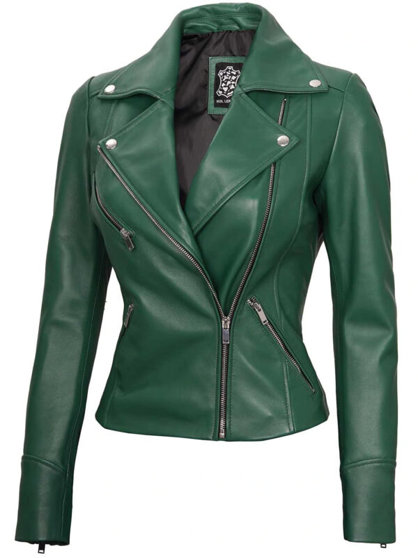 Ninfa Women's Asymmetrical Biker Green Leather Jacket