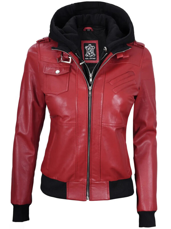 Edinburgh Red Leather Bomber Jacket With Hood