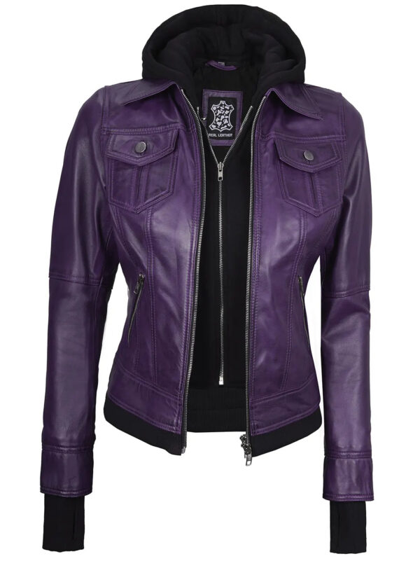 Betty Purple Leather Jacket With Removable Hood