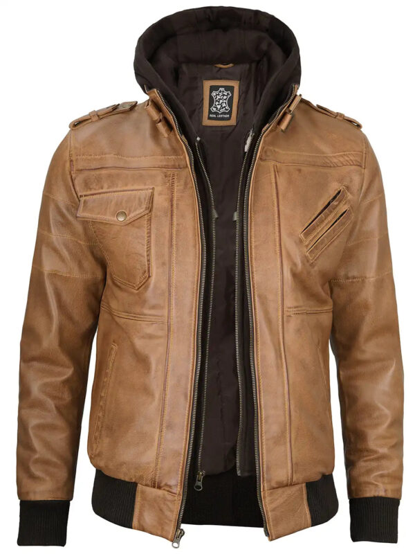 Edinburgh Mens Camel Brown Hooded Leather Jacket