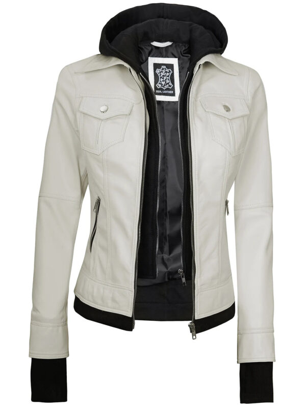 Womens Off White Motorcycle Leather Jacket with Hood