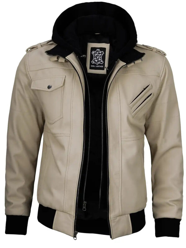 Edinburgh Mens Beige Leather Jacket With Hood