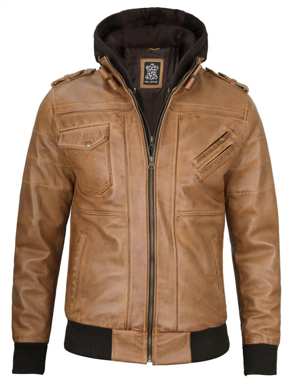 Edinburgh Mens Camel Brown Hooded Leather Jacket