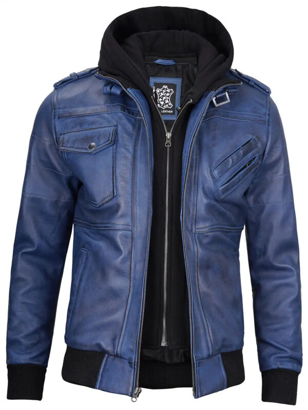 Edinburgh Mens Blue Wax Leather Jacket With Hood