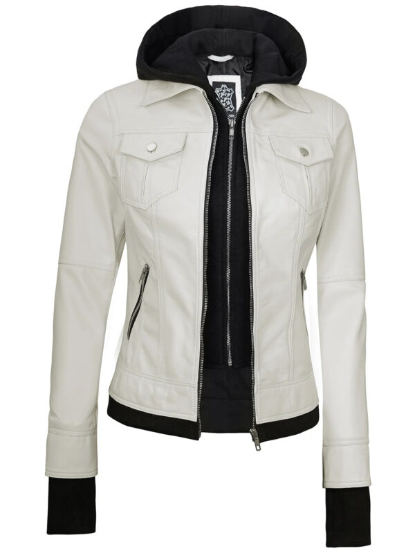 Womens Off White Motorcycle Leather Jacket with Hood