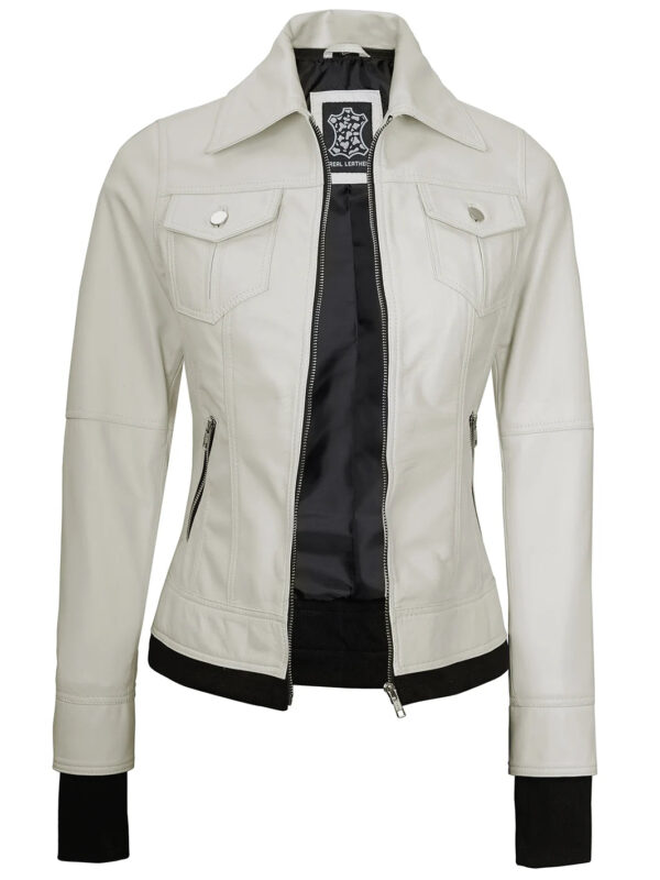 Womens Off White Motorcycle Leather Jacket with Hood